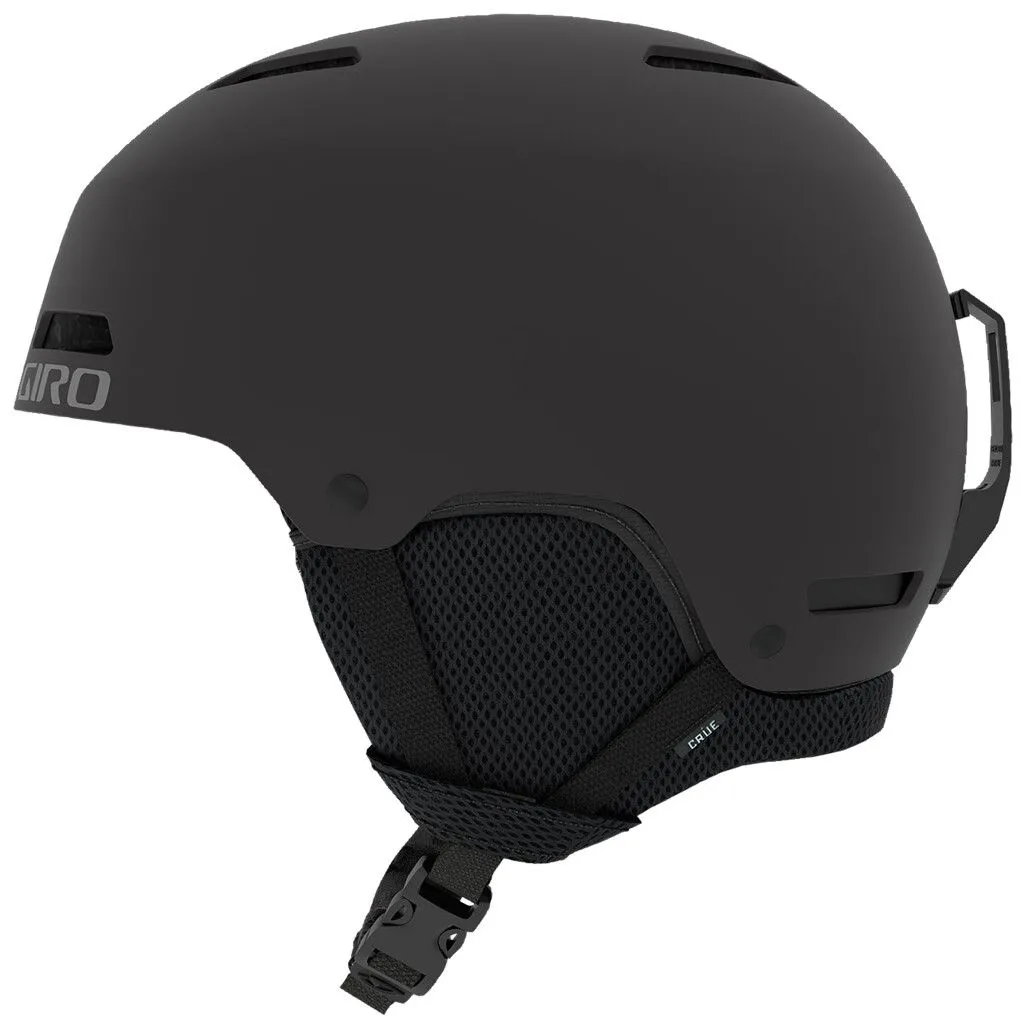 Matter, black Giro Crüe FS helmet in side view with goggle holder and audio chip-compatible ears.