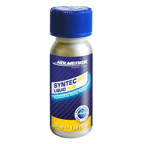 Flacone argentato di sciolina Holmenkol Syntec FF1 Liquid YLW con tappo blu.