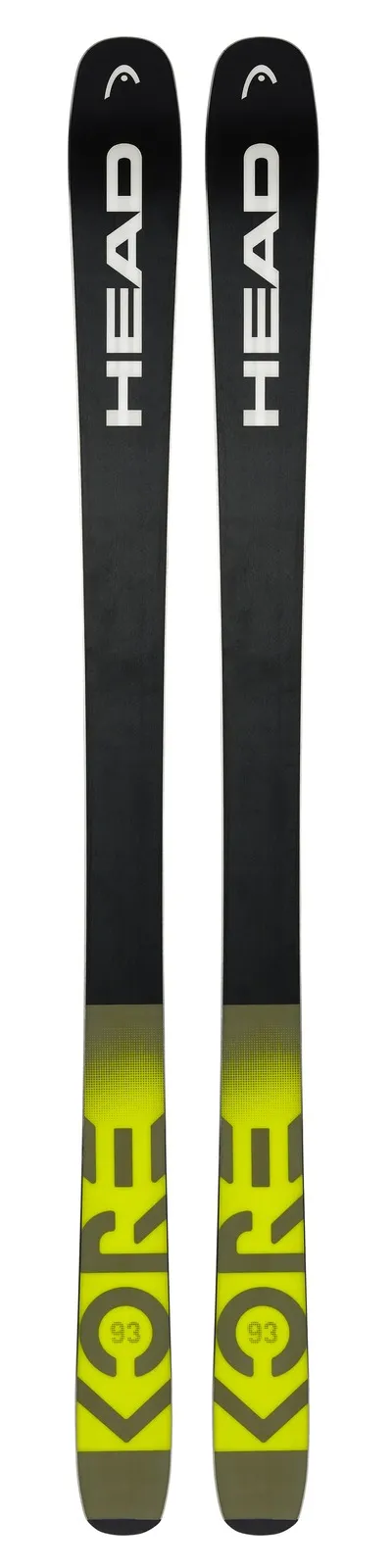 Zwei Ski des Typs Head Kore 93, mit schwarzer und gelber Farbgebung, Frontalansicht.