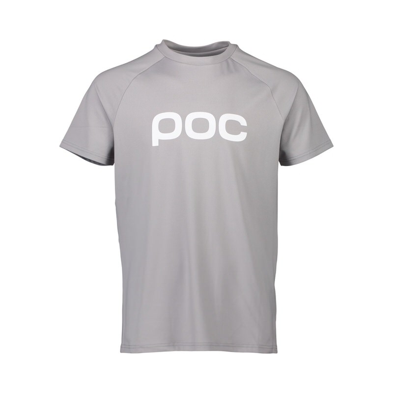 Graues POC Reform Enduro Tee mit kurzem Arm, mittig platziertem, weißen "poc"-Logo.