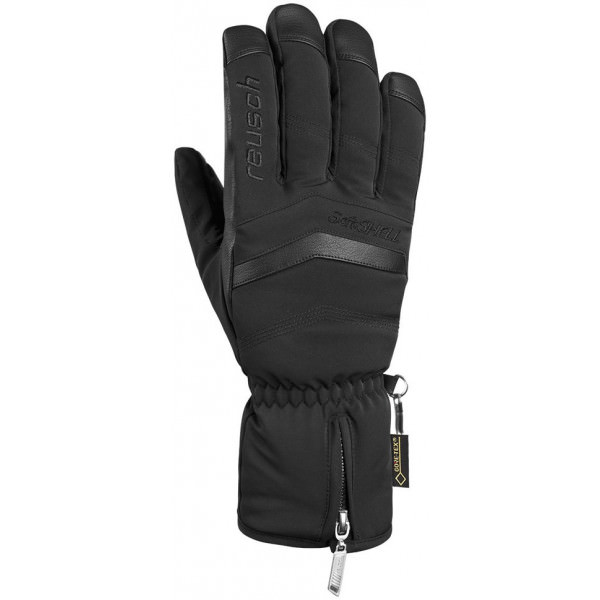 Schwarzer Reusch X-Liner GTX Skihandschuh mit langer Stulpe, Reißverschluss und Gore-Tex Anhänger.