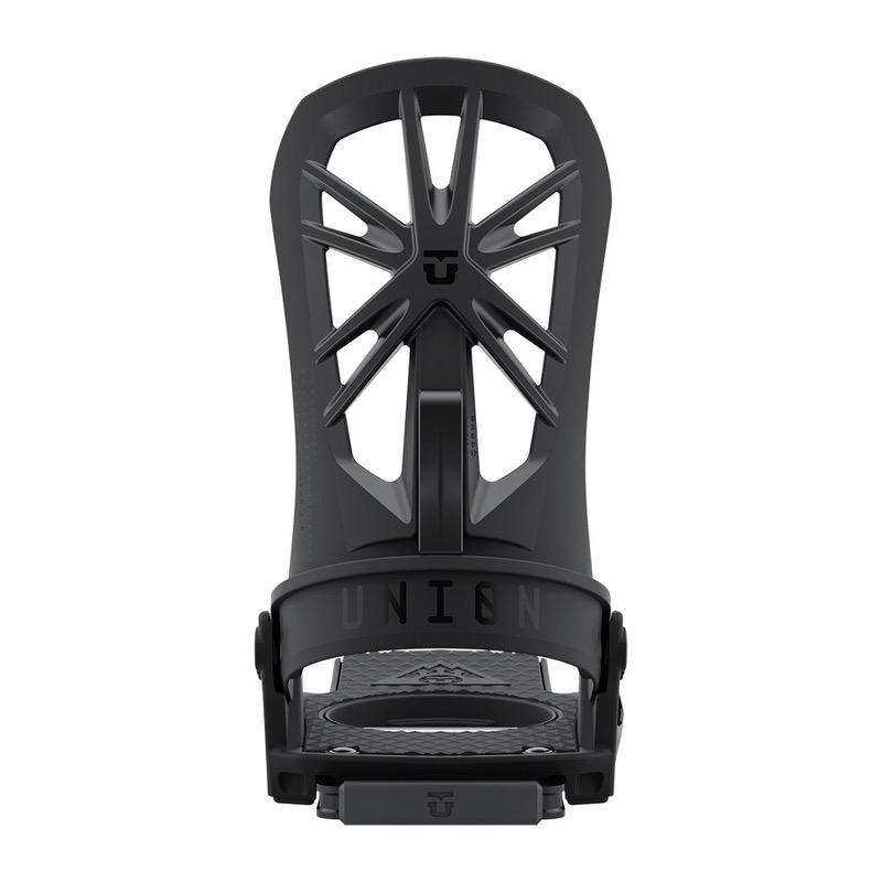 Schwarze Union Splitboardbindung Detailansicht einer schwarzen Union Explorer Splitboardbindung von vorne.