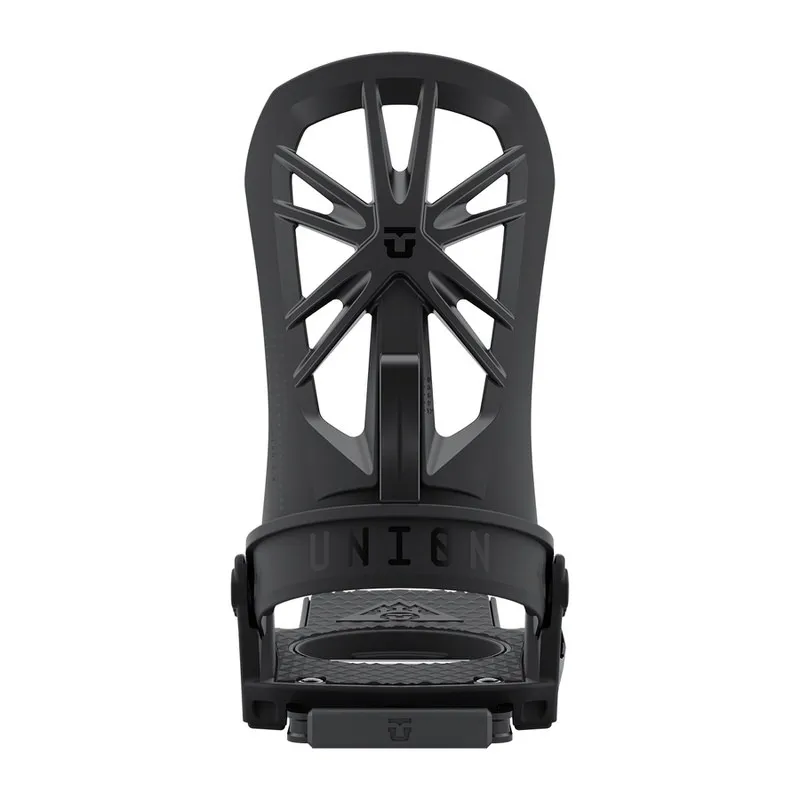 Détail d'une fixation de splitboard noire Union Explorer vue de face.