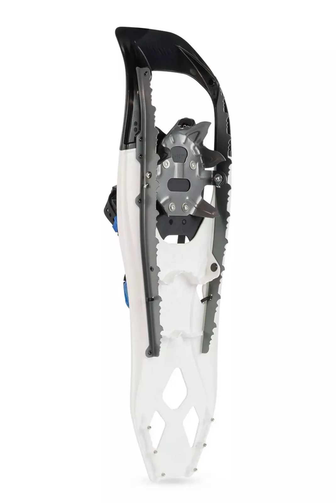 Side view of a white/blue Tubbs Flex Alp 25 men's snowshoe. The ActiveFit 2.0 binding is visible.