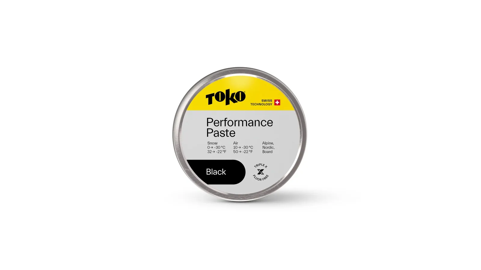 A round tin with a yellow rim, on it the logo of the Marker Toko, the text "Performance Paste" and information on temperature and area of application.
