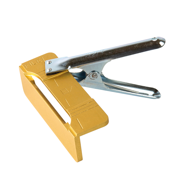 Goldener Feilenhalter mit 87°-Angabe und silberfarbener Klammer zum präzisen Kanten schleifen.