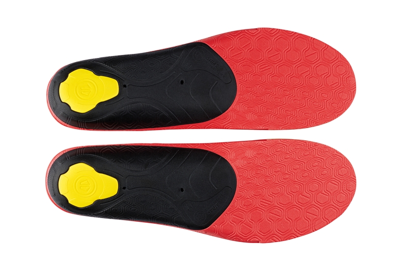 Red Sidas winter ski soles Two red Sidas 3Feet Eco Winter High ski soles, back with black heel support and yellow element.