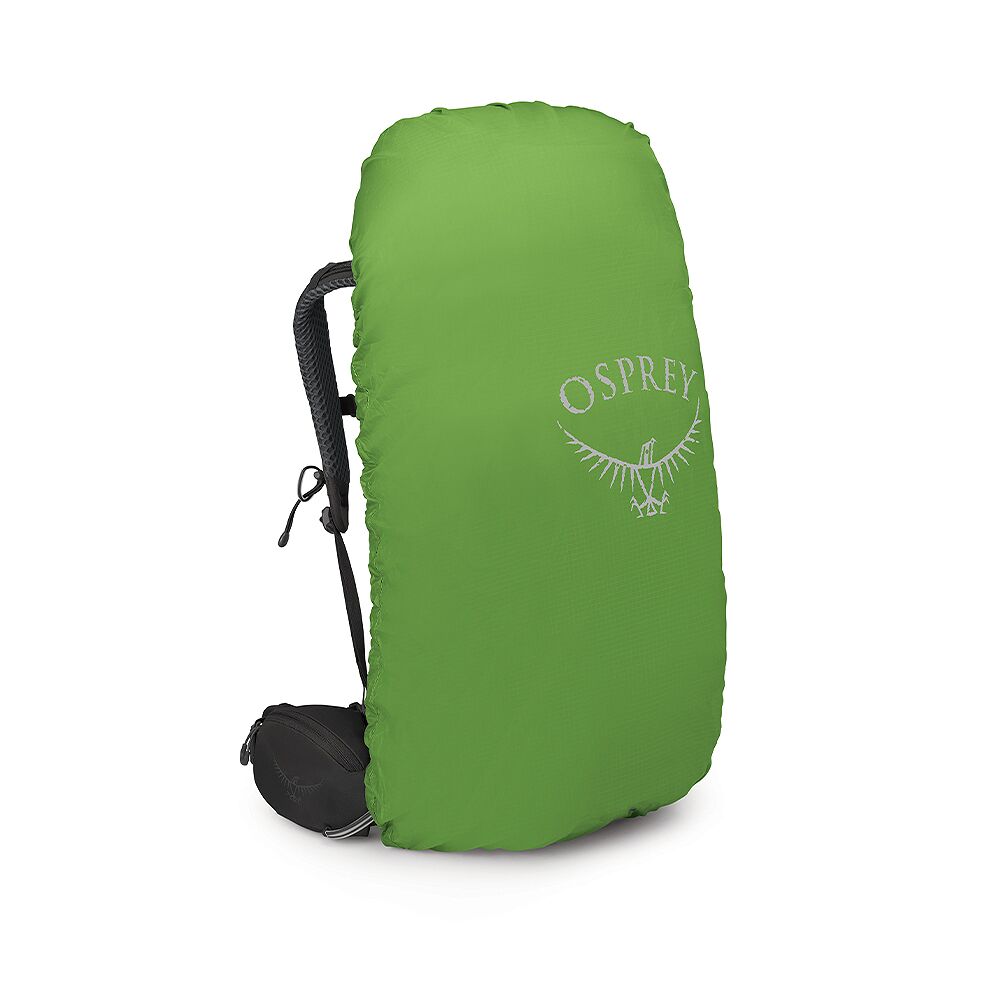 Leuchtend grüne Regenhülle für Rucksäcke auf weißem Hintergrund. Sie bedeckt den Großteil des Rucksacks, sichtbar sind nur ein Teil des schwarzen Tragesystems und eine kleine schwarze Hüfttasche links unten. Osprey-Logo vorn.