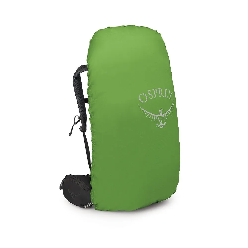 Bright green rain cover for backpacks on a white background. It covers most of the backpack; only part of the black carrying system and a small black hip pocket at the bottom left are visible. Osprey logo on the front.