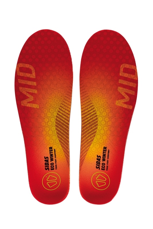 Paar Sidas 3Feet Eco Winter Mid Einlegesohlen, Draufsicht, rot-gelb Farbverlauf, Aufdruck "MID" und Herstellerlogo.