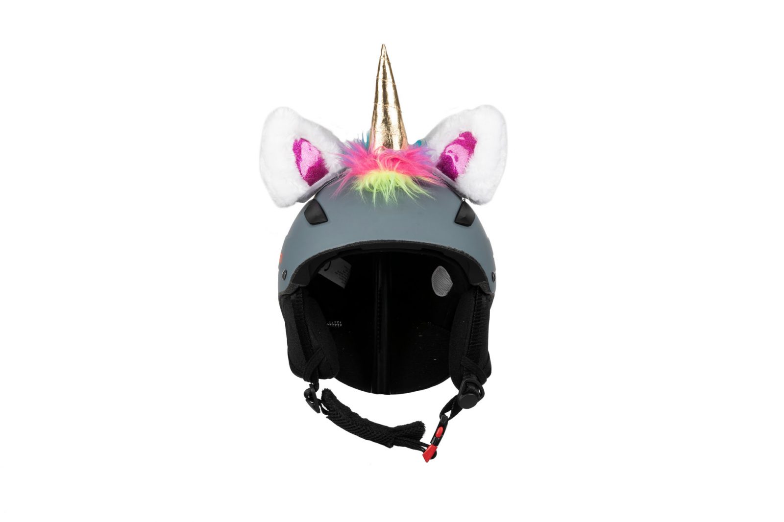 Grauer Skihelm mit Hoxyheads Unicorn Ohren und goldenem Horn, befestigt mit farbigem Kunstfell.