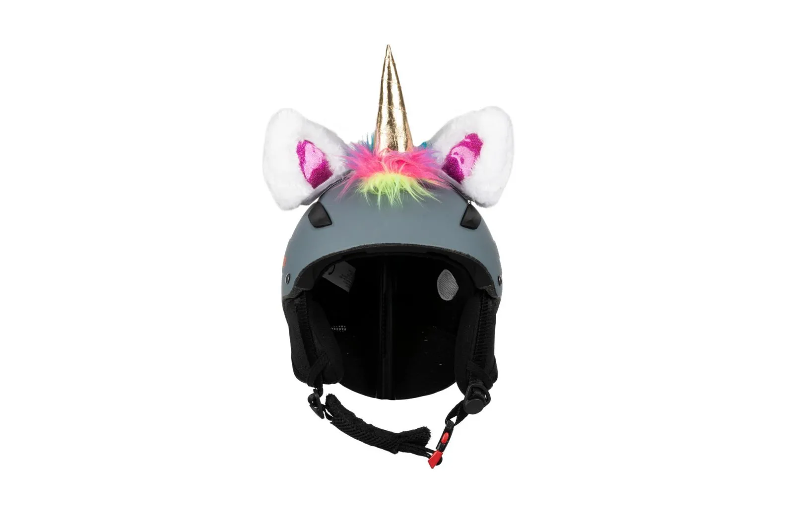 Grey ski helmet with Hoxyheads unicorn ears and golden horn, attached with colored faux fur.