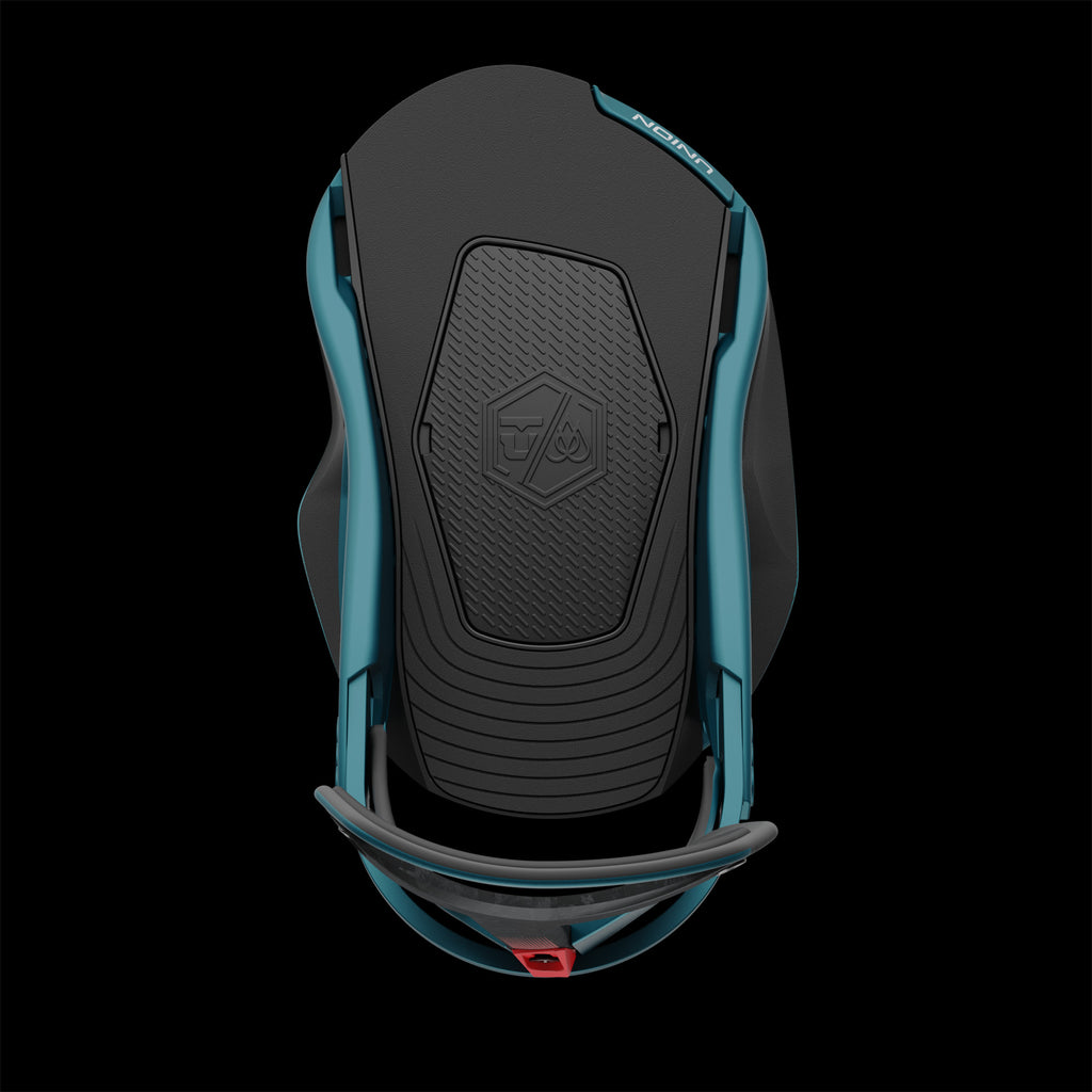 Top view of the Union Falcor snowboard binding in teal, with black base and teal-colored details.