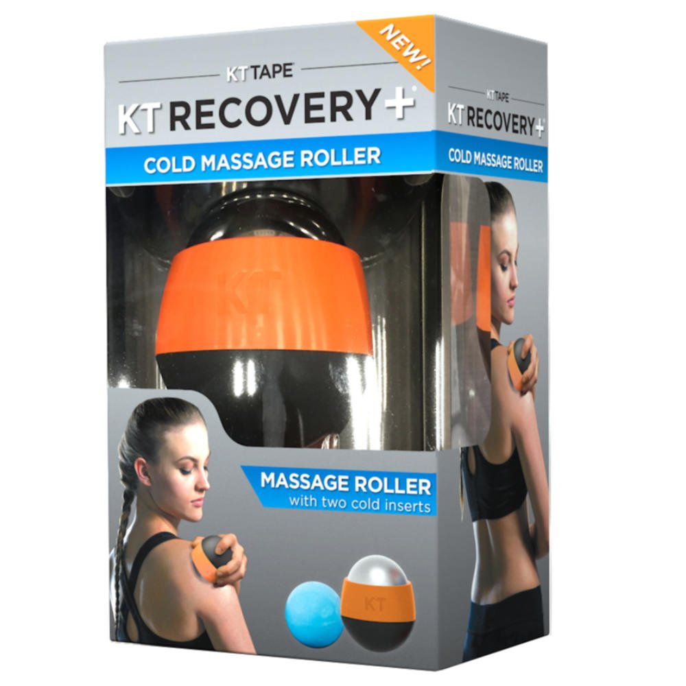 KT RECOVERY Massage Roller Packaging of the KT RECOVERY Cold Massage Roller with application example and accessories.