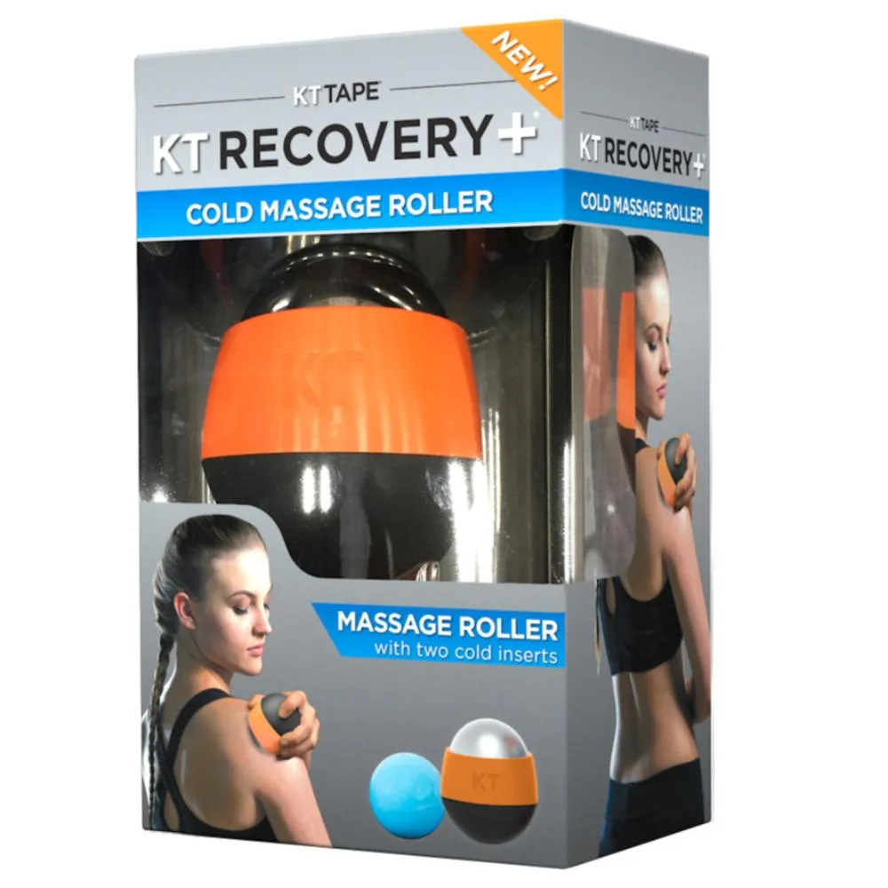 Packaging of the KT RECOVERY Cold Massage Roller with application example and accessories.