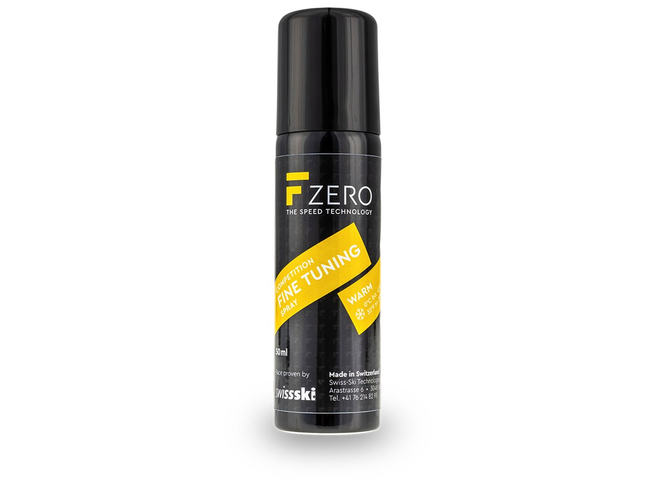 FZERO Spray fin noir Bombe de peinture noire FZERO Fine Tuning Spray Warm avec logo et inscription jaunes.