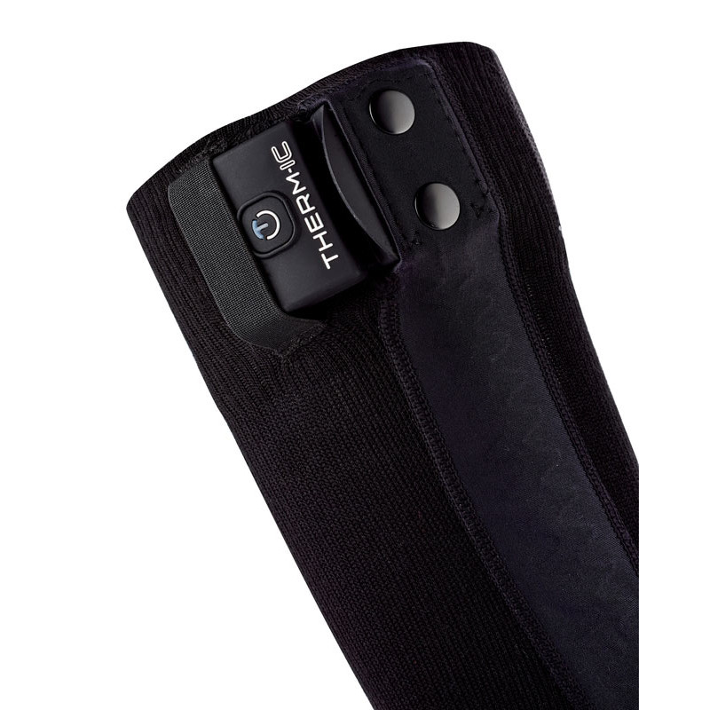 Detail einer Therm-ic Powersock Heat Multi, schwarze beheizbare Socke mit befestigtem Akku.
