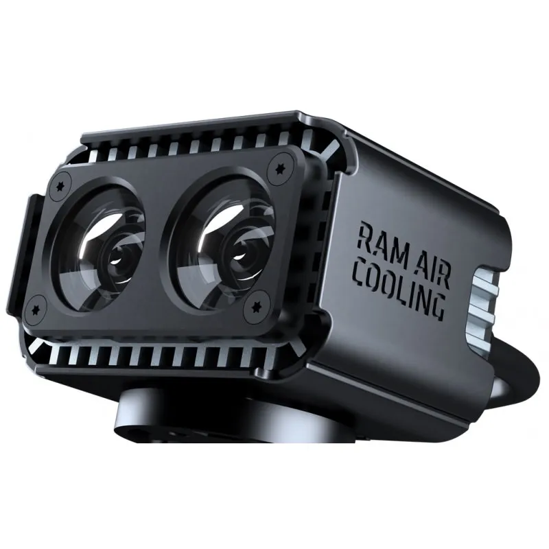 Close-up of the Suprabeam B6r bicycle lamp with 4200 lumens and RAM Air Cooling System. Two lenses are visible.