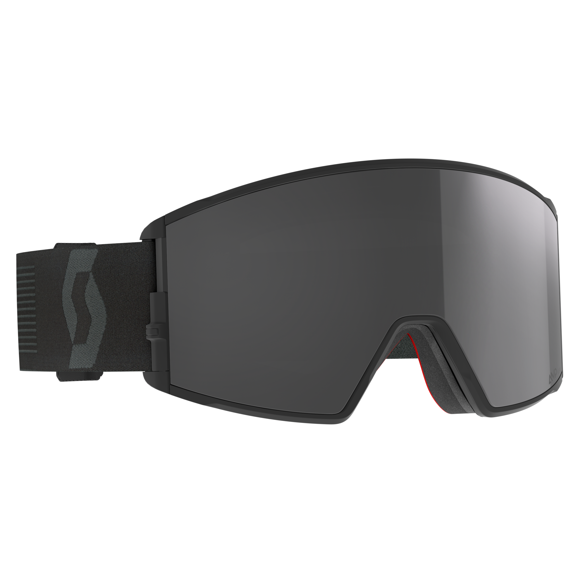Schwarze Scott React Skibrille mit grauem Glas und Logo am Band, Frontansicht.