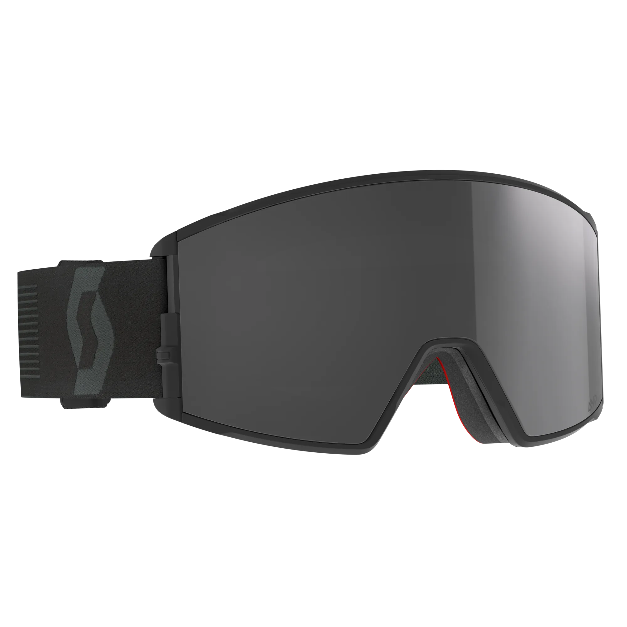 Schwarze Scott React Skibrille mit grauem Glas und Logo am Band, Frontansicht.