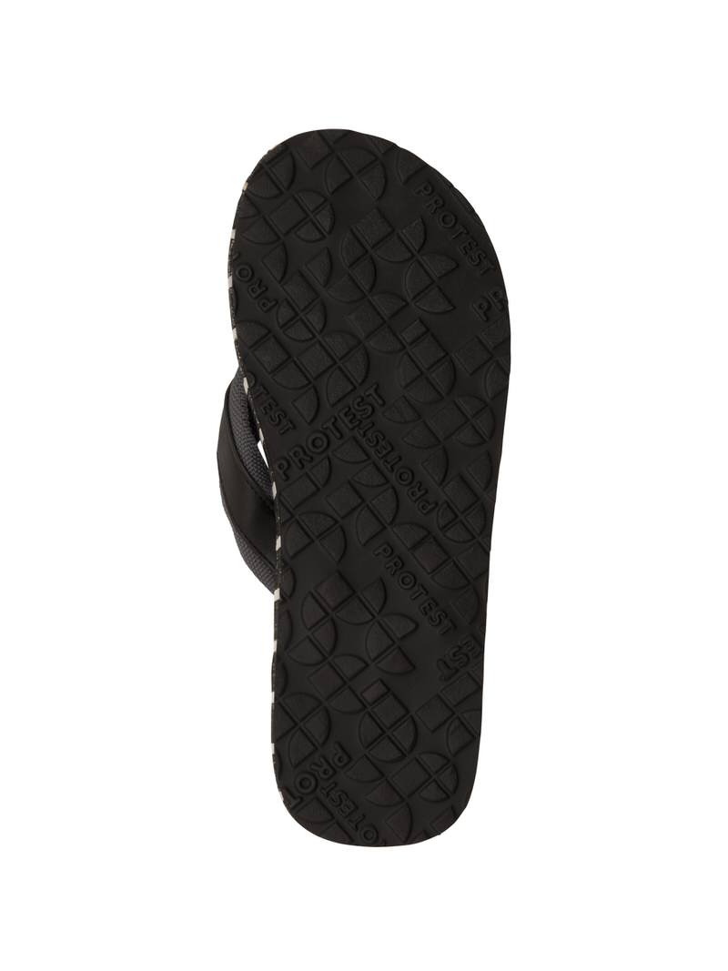 Schwarzer Jaxson Flip Flop von Protest mit Logo-Muster auf der Sohle, von unten fotografiert.