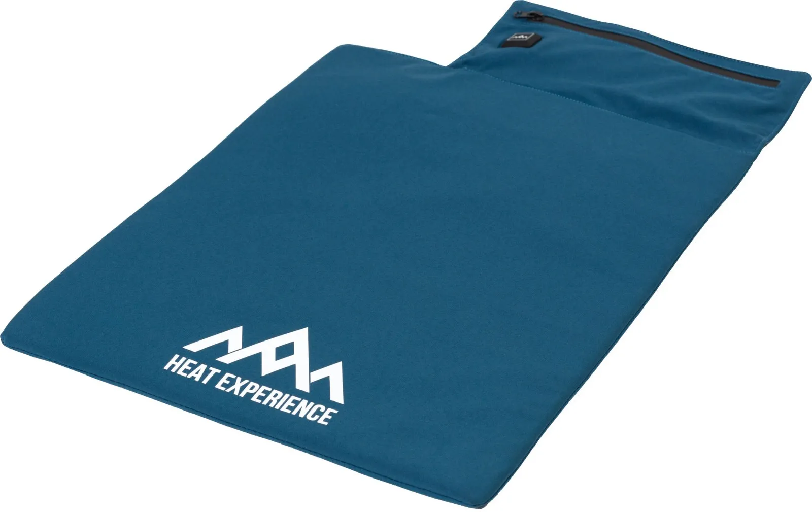 Blaues, rechteckiges, beheiztes Sitzkissen, unten links mit weißem "HEAT EXPERIENCE" Logo. Reißverschluss oben.
