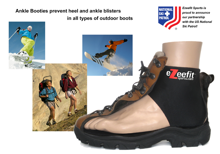Produktvorstellung: Knöchel-Booties gegen Blasen in Outdoor-Stiefeln, gezeigt durch Skifahrer, Snowboarder und Wanderer.