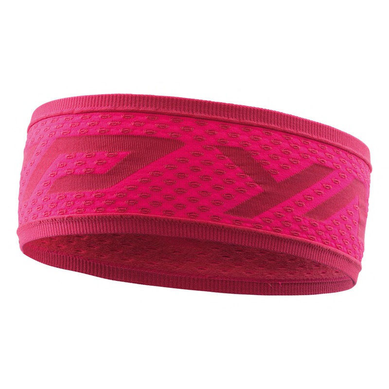 Pinkes Dynafit Dryarn Stirnband mit Zickzackmuster. Das Stirnband ist nahtlos und hat einen feinen Rippenrand.