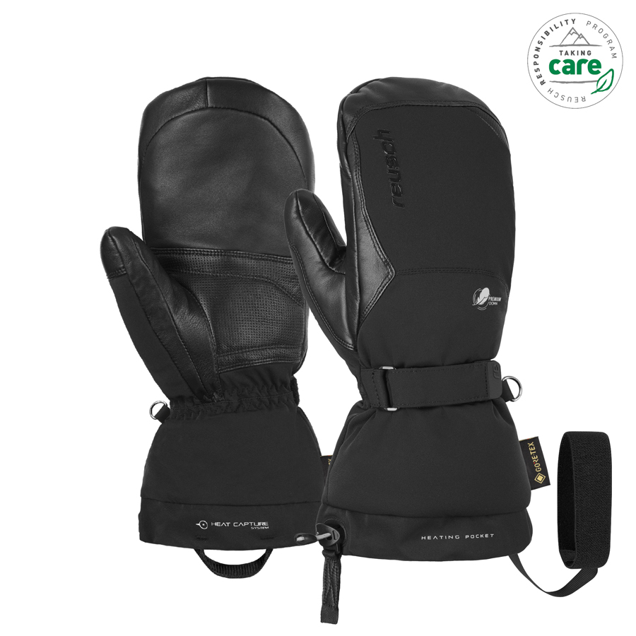 Zwei schwarze Reusch Volcano Pro GTX Mitten, ein Paar Winterhandschuhe mit Gore-Tex Label und Heat Capture System.