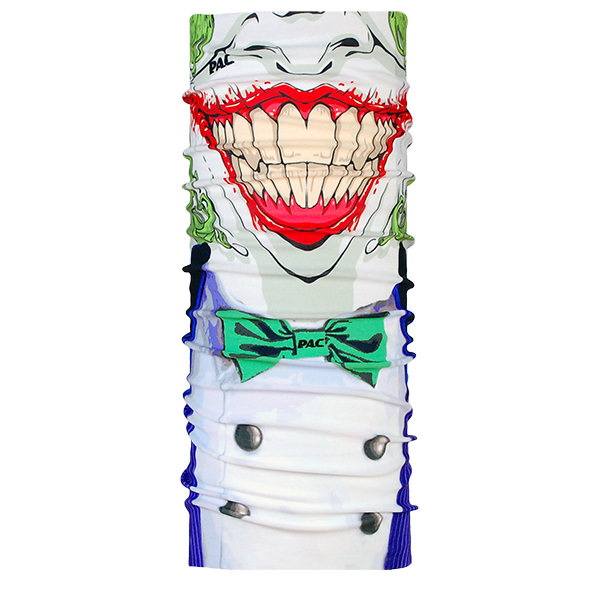 P.A.C. Facemask Joker: Halstuch mit Joker-Motiv, großem roten Grinsen und grüner Fliege auf weißem Grund.