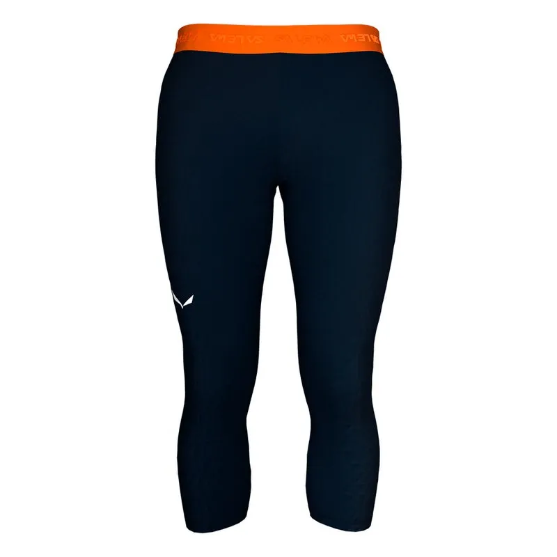 3/4 length, navy blue Salewa tight with orange waistband and small white logo.