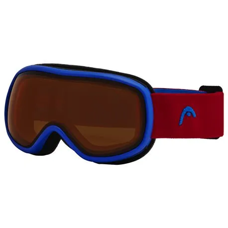 Orange-rote Head Ninja Kinder-Skibrille mit blauem Rahmen und rotem Brillenband mit Markenlogo.