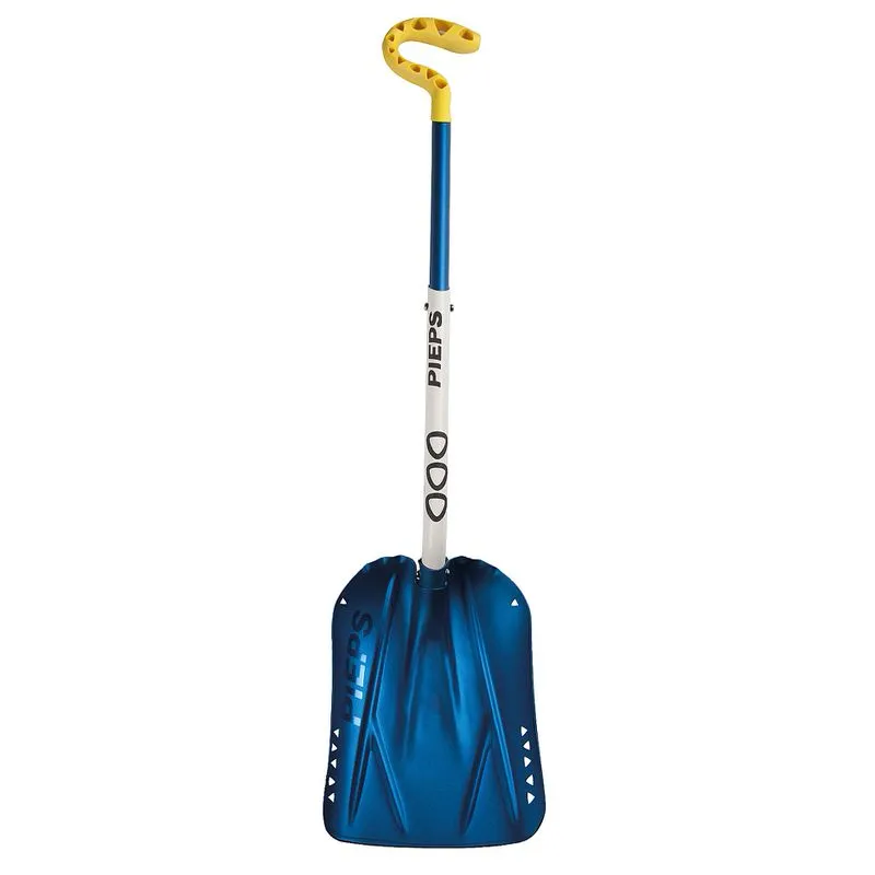Blue Pieps C 660 shovel with yellow C-handle and telescopic handle, snow shovel for skiing and mountain sports.