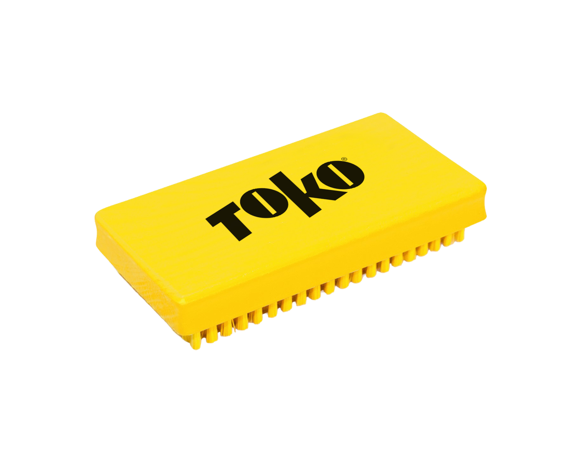 Gelbe Toko Polishing Brush mit schwarzem Logo auf dem Griff und gelben Borsten.