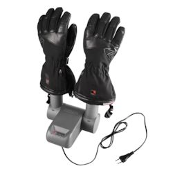 Zwei schwarze Lederhandschuhe auf einer grauen Ladestation mit Kabel und Stecker.