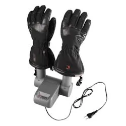 Two black leather gloves on a gray charging station with cable and plug.