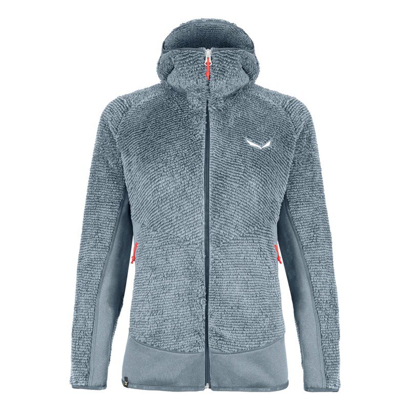 Hellgraue Salewa Tognazza Polarlite Damen Jacke mit Kapuze und durchgehendem Reißverschluss.