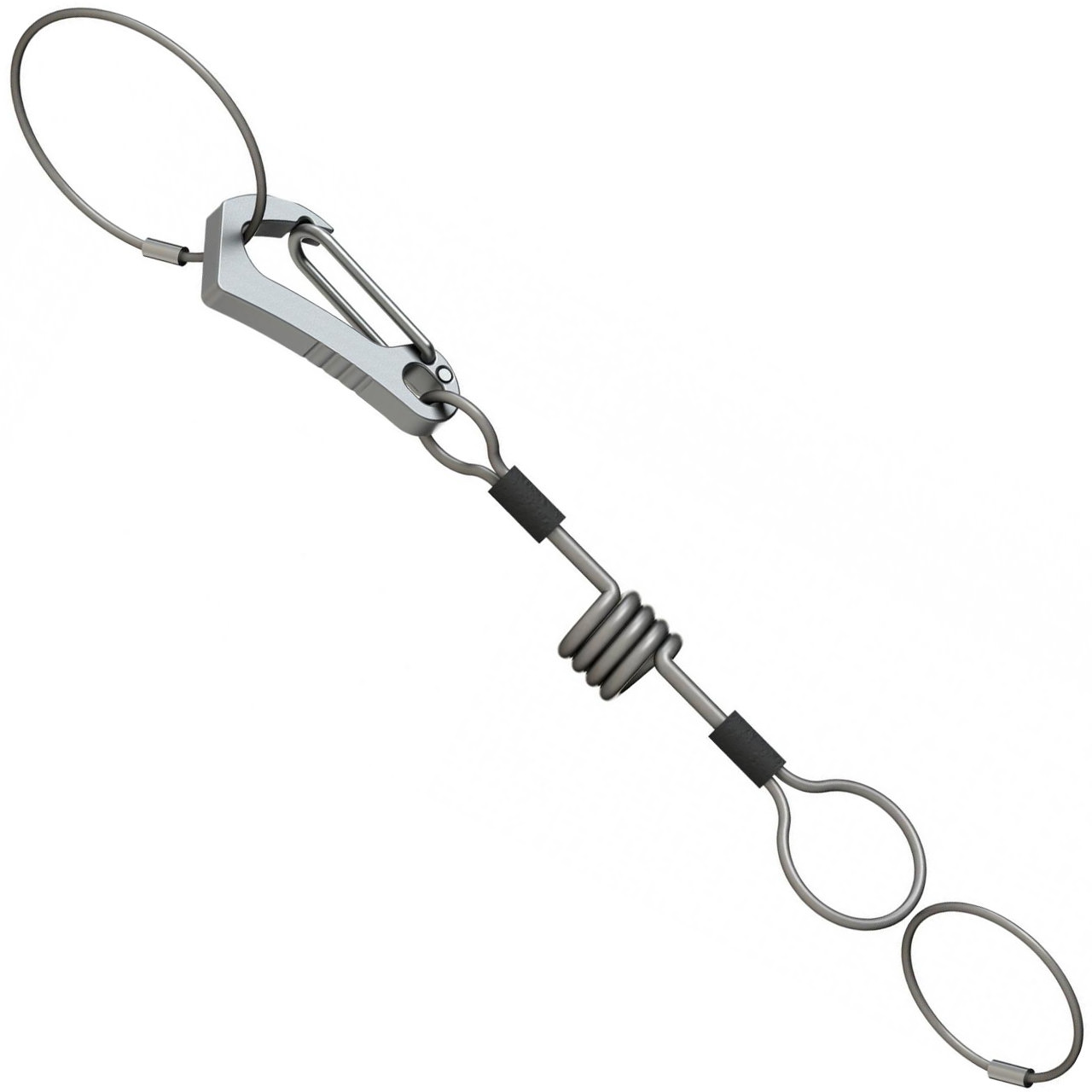 Nahaufnahme des Fritschi Fangriemenset, bestehend aus einem Karabiner, einer Spirale und zwei Drahtschlingen.