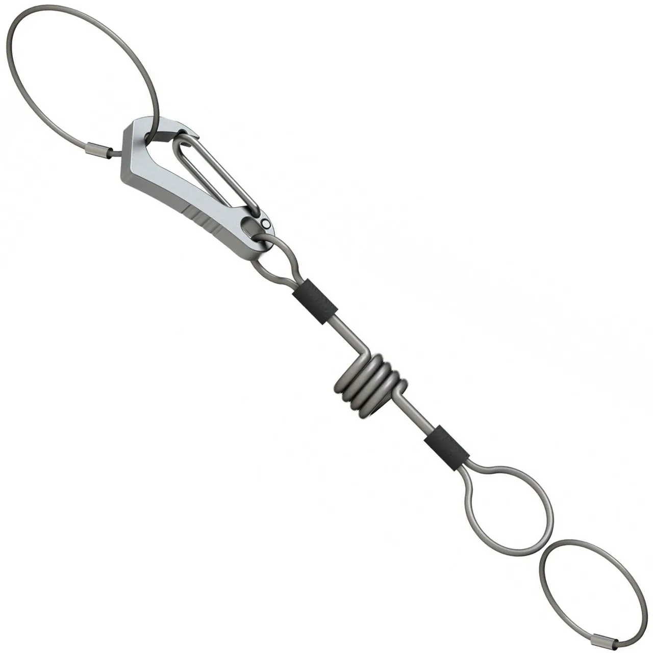 Gros plan sur le kit de sangles d'arrêt Fritschi, composé d'un mousqueton, d'une spirale et de deux boucles en fil métallique.