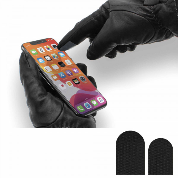 Schwarze Handschuhe bedienen ein Smartphone mit einem Touchscreen Sticker am Zeigefinger, daneben zwei Digiskin Aufkleber.