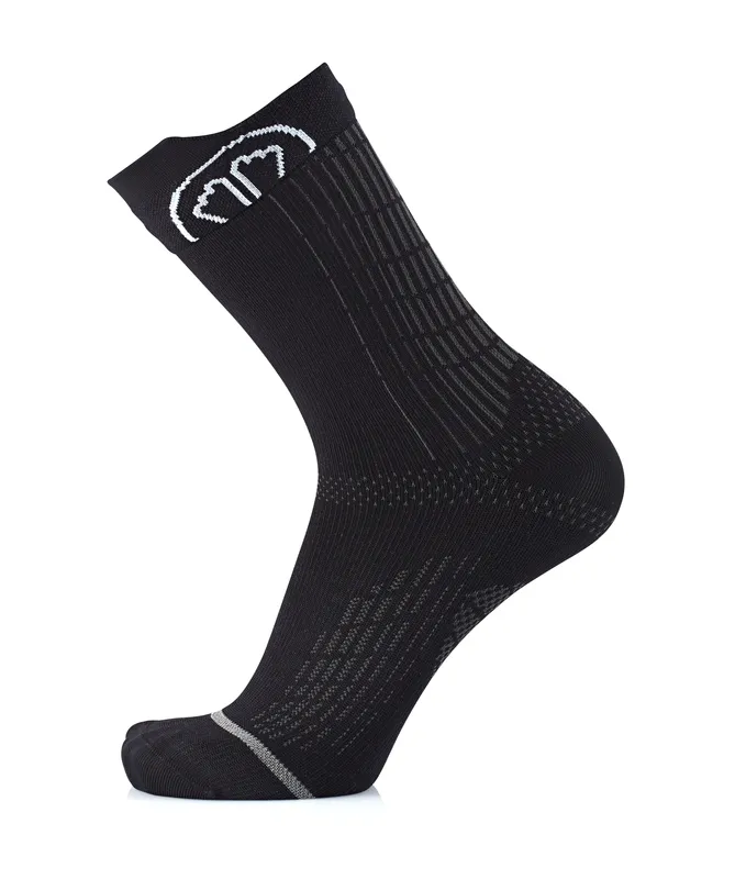 A black sock, standing upright, with a white logo on the upper edge and gray accents.