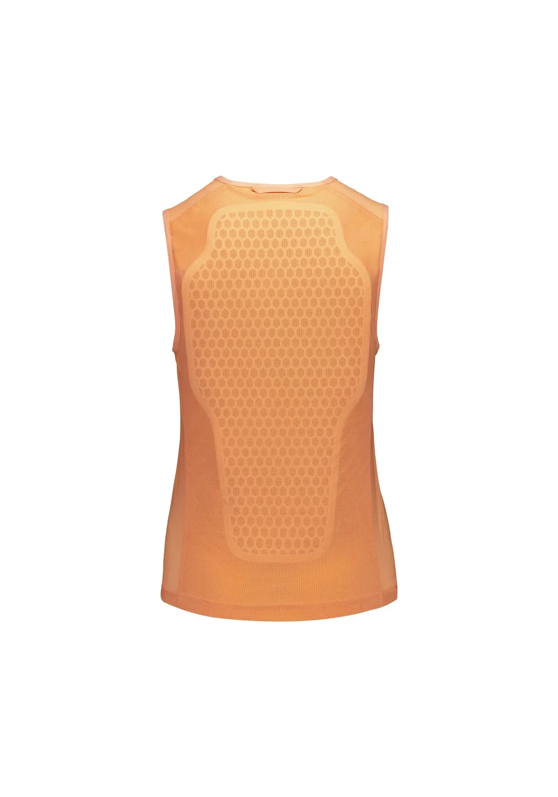 Back view of a sleeveless, light orange top with a honeycomb pattern on the back.