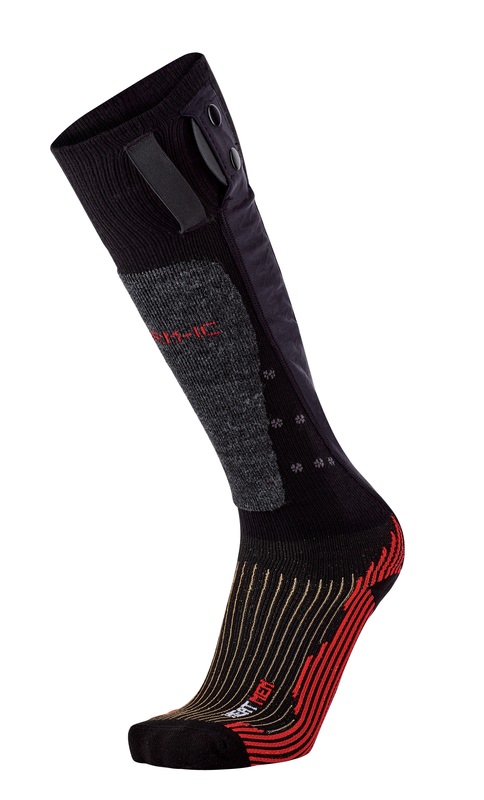 Schwarze Therm-ic Skisocke Eine schwarze Therm-ic Powersock Heat Men V2 Skisocke im Detail, mit grauen, roten und goldenen Details.