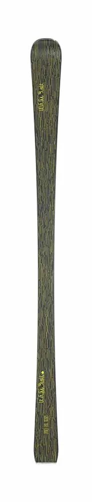 Ein Ramser FIS SL Ski mit gelbem, abstraktem Muster auf dunklem Grund. Der Ski ist ohne Bindung und von oben bis unten zu sehen.