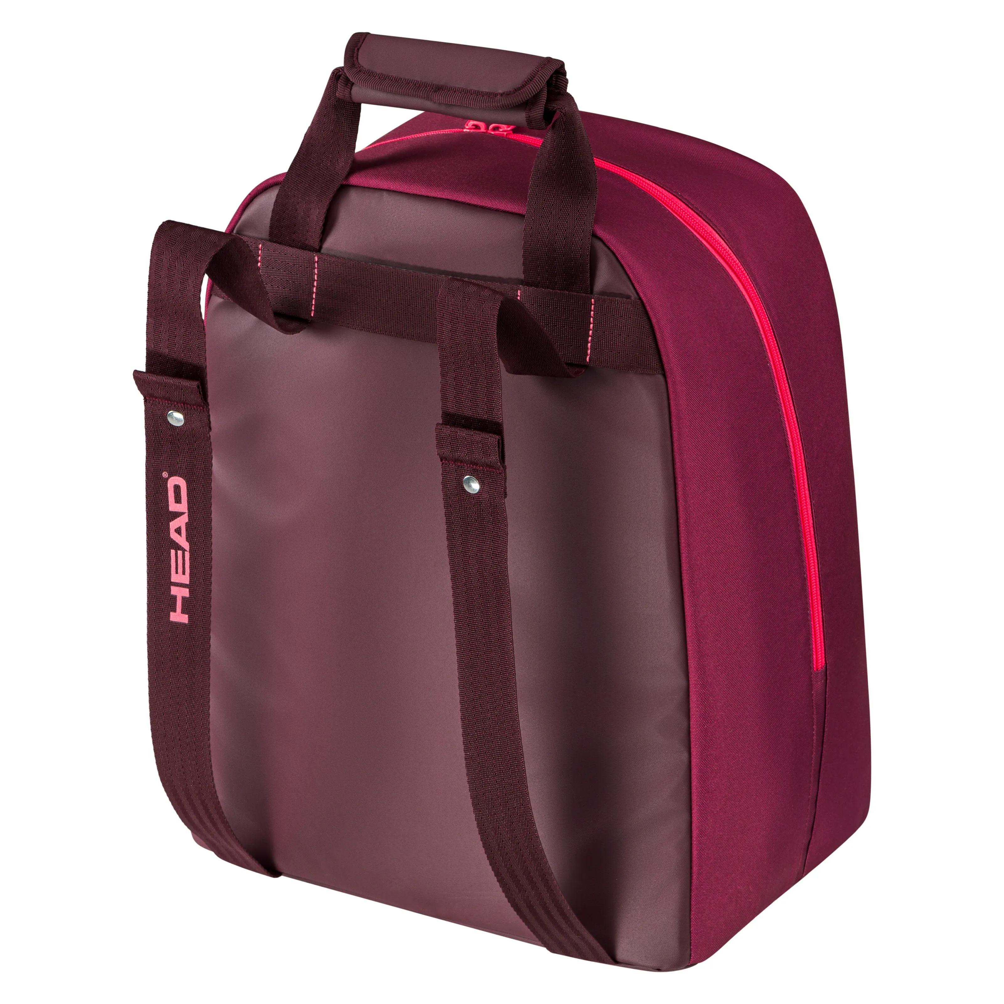 Gros plan sur le Bootbag Head pour femme en rouge bordeaux, avec une fermeture éclair et des bretelles roses.