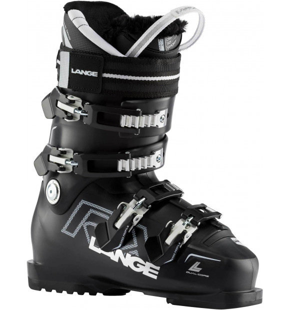 Schwarzer Lange RX 80 Women LV Skischuh mit silbernen Schnallen in der Totalen.