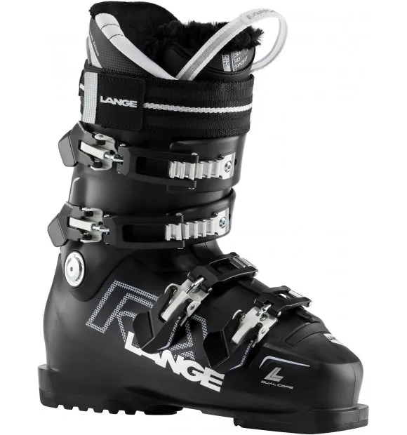 Black Lange RX 80 Women LV ski boot with silver buckles in the total view.
