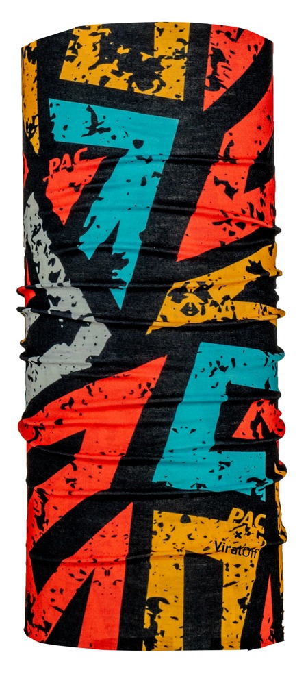 The PAC ViralOff Kids lineeoff tube scarf features an abstract, colorful zigzag pattern on a black background.