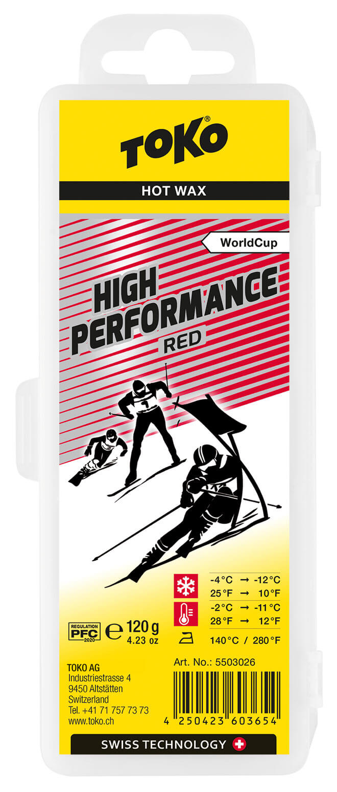 Verpackung Toko High Performance Red Heisswachs. Aufdruck mit stilisierten Skifahrern und Temperaturangaben.