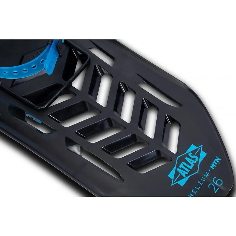 Schwarzer Atlas Helium MTN 26 Schneeschuh mit blauer Bindung und blauem Logo auf der Seite.